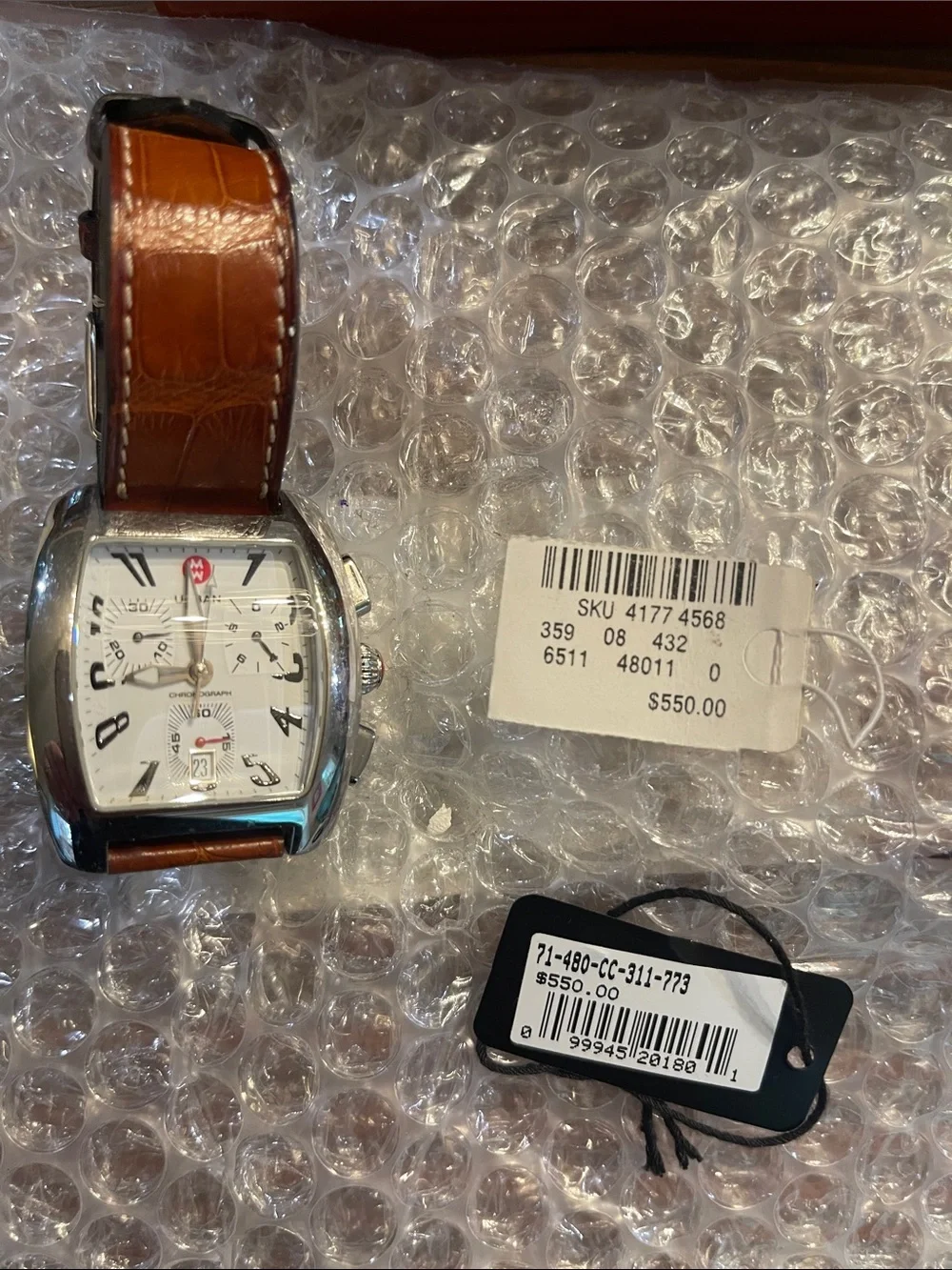 NWT Michele Urban Chronograph Brown Leather Strap Stainless Watch with White Dia